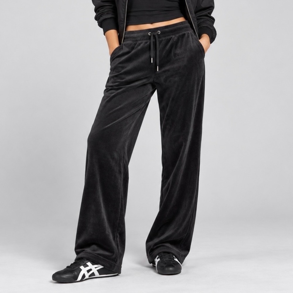 Gloria Vanderbilt Black Velour Lounge Pants Drawstring Straight Leg Womens L NWT